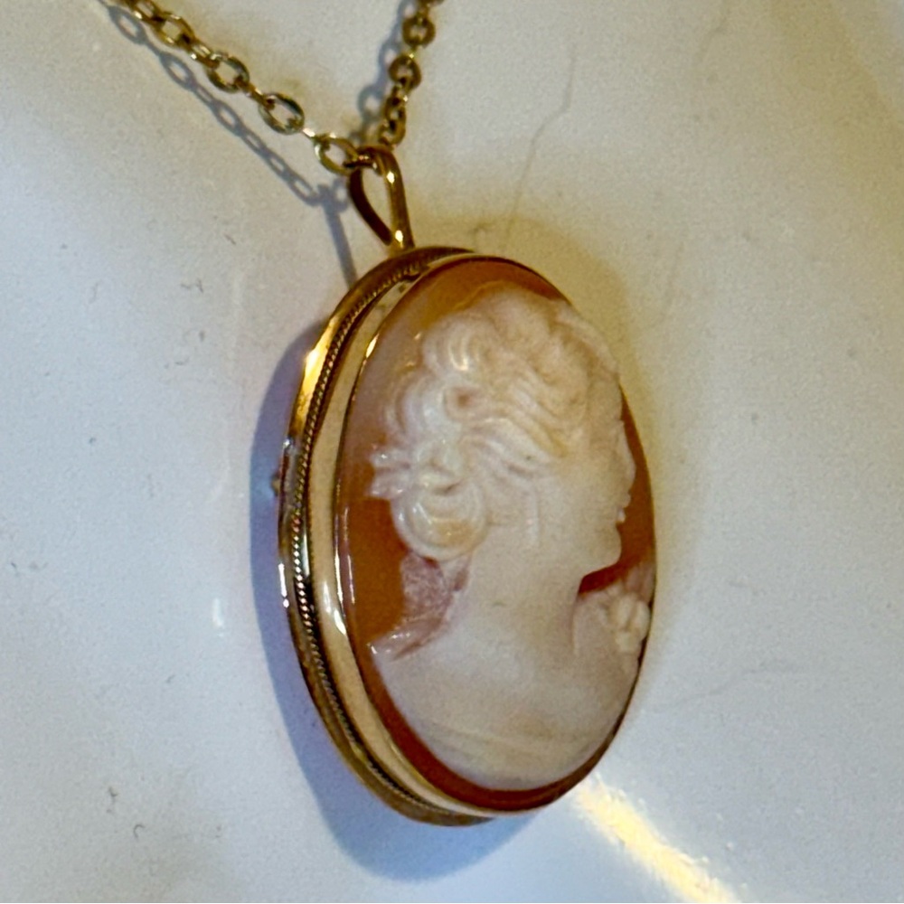 Vintage Italian 14K Gold Cameo Pendant Necklace or Brooch /Gold Chain Necklace - Picture 9 of 12